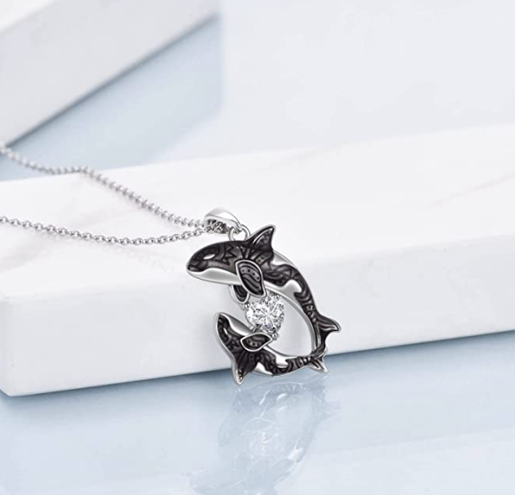 Diamond Orca Killer Whale 3D Necklace Pendant Killer Mother Baby Whale Family Beach Ocean Tropical Jewelry Hawaiian Chain Gift 925 Sterling Silver 20in.