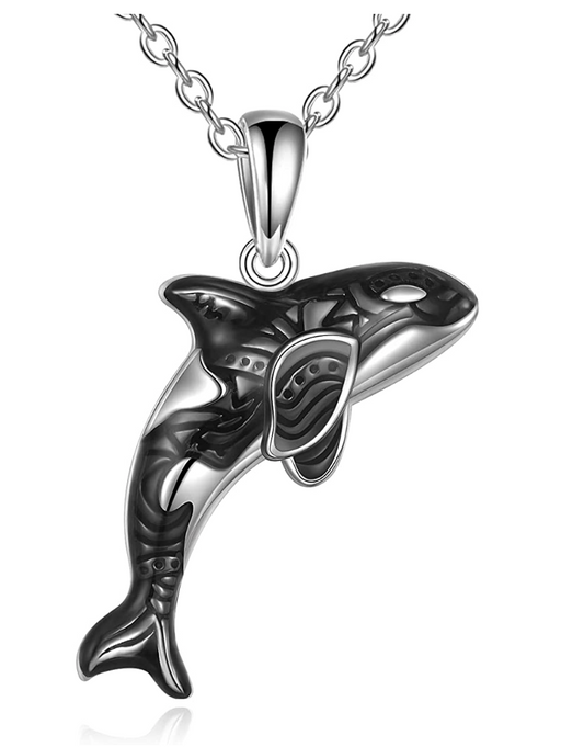 Black & White Orca Killer Whale 3D Necklace Pendant Killer Whale Beach Ocean Tropical Jewelry Hawaiian Chain Gift 925 Sterling Silver 20in.