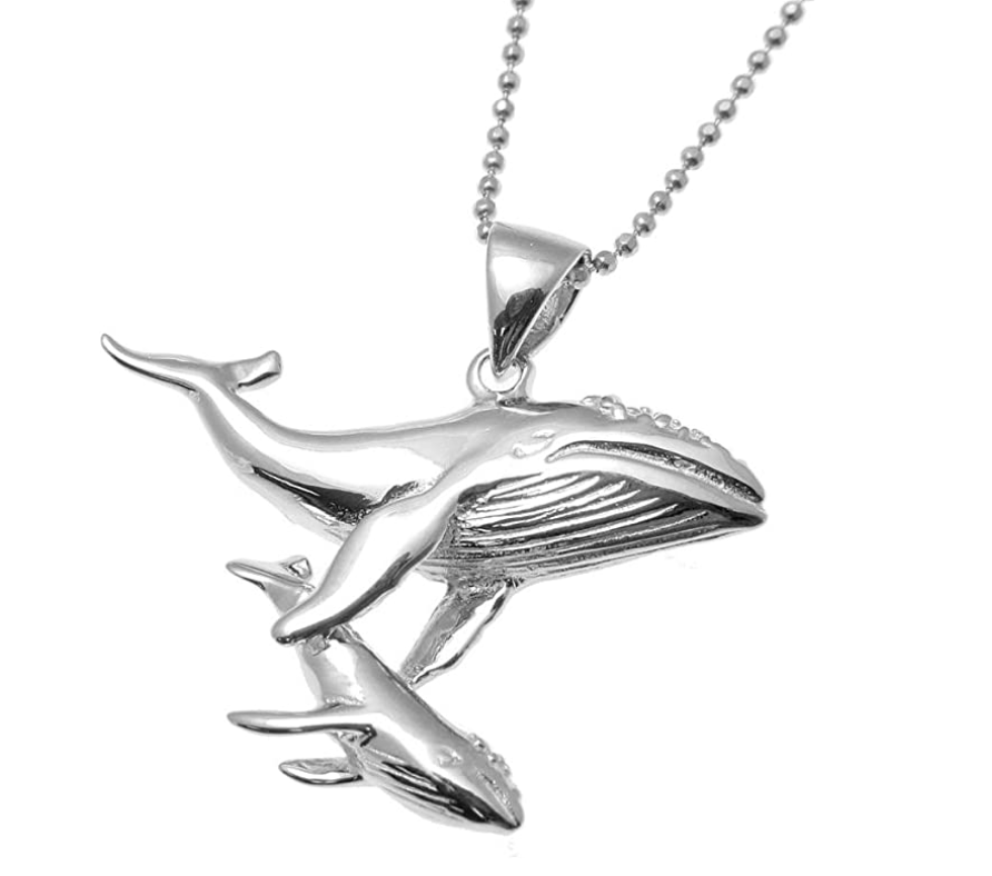 Whale Necklace Pendant Humpback Whale Mother Baby Beach Ocean Tropical Jewelry Hawaiian Gift 925 Sterling Silver Chain 20in.
