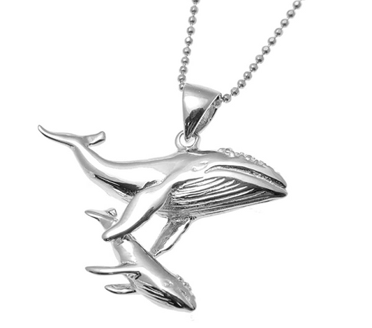 Whale Necklace Pendant Humpback Whale Mother Baby Beach Ocean Tropical Jewelry Hawaiian Gift 925 Sterling Silver Chain 20in.