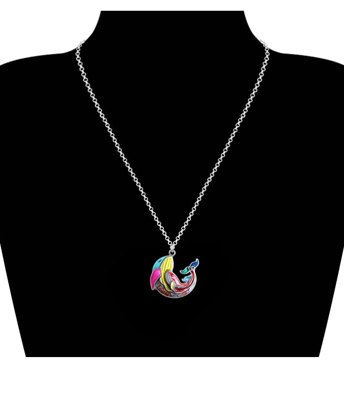 Cute Blue Whale Necklace Colorful Pendant Whale Beach Ocean Tropical Jewelry Hawaiian Gift 925 Sterling Silver Chain 20in.