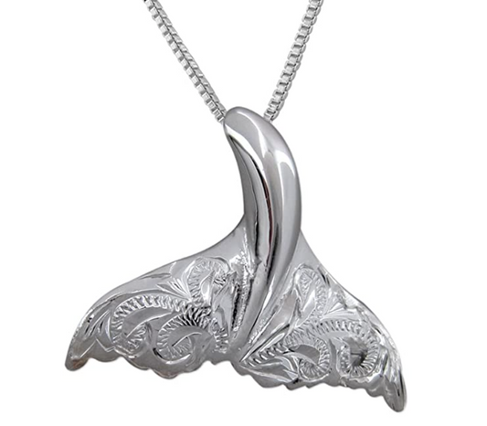 Hibiscus Flower Engraved Whale Tail Necklace Vintage Pendant Whale Fin Beach Ocean Tropical Jewelry Hawaiian Gift 925 Sterling Silver Chain 20in.