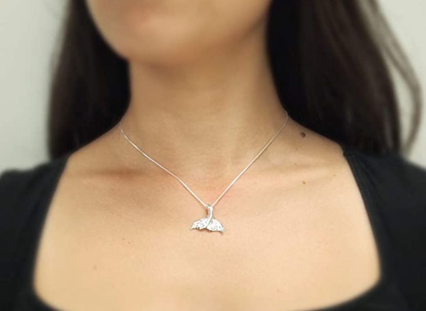 Hibiscus Flower Engraved Whale Tail Necklace Vintage Pendant Whale Fin Beach Ocean Tropical Jewelry Hawaiian Gift 925 Sterling Silver Chain 20in.