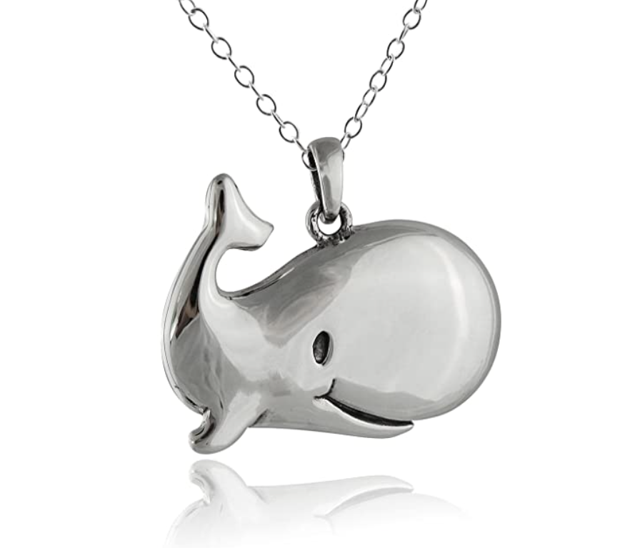 Whimsical Smiling Whale Necklace Pendant Whale Beach Ocean Tropical Jewelry Hawaiian Gift 925 Sterling Silver Chain 20in.