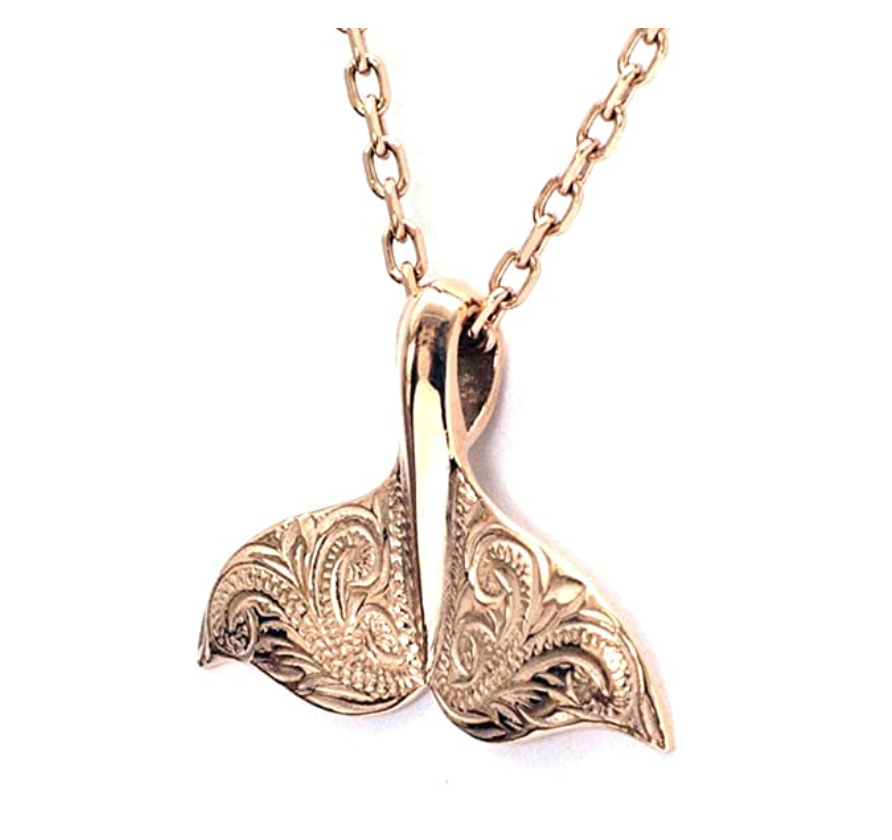 Rose Gold Hibiscus Flower Engraved Whale Tail Necklace Vintage Pendant Whale Fin Beach Ocean Tropical Jewelry Hawaiian Gift Stainless Steel Chain 20in.