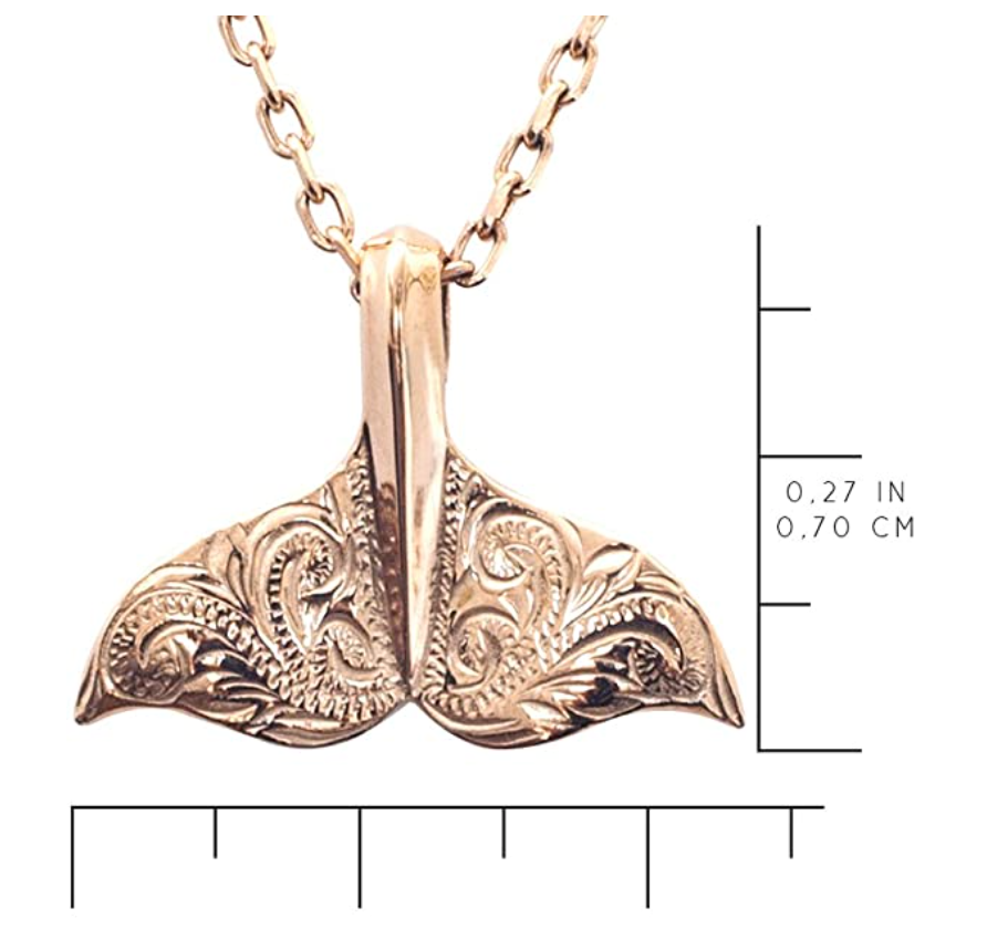 Rose Gold Hibiscus Flower Engraved Whale Tail Necklace Vintage Pendant Whale Fin Beach Ocean Tropical Jewelry Hawaiian Gift Stainless Steel Chain 20in.