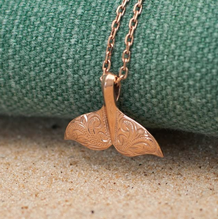 Rose Gold Hibiscus Flower Engraved Whale Tail Necklace Vintage Pendant Whale Fin Beach Ocean Tropical Jewelry Hawaiian Gift Stainless Steel Chain 20in.