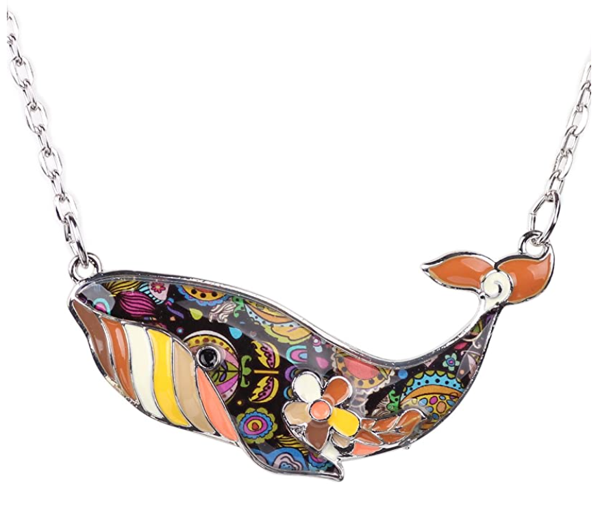 Cute Colorful Whale Necklace Flower Pendant Whale Beach Ocean Tropical Jewelry Hawaiian Gift Chain 20in.