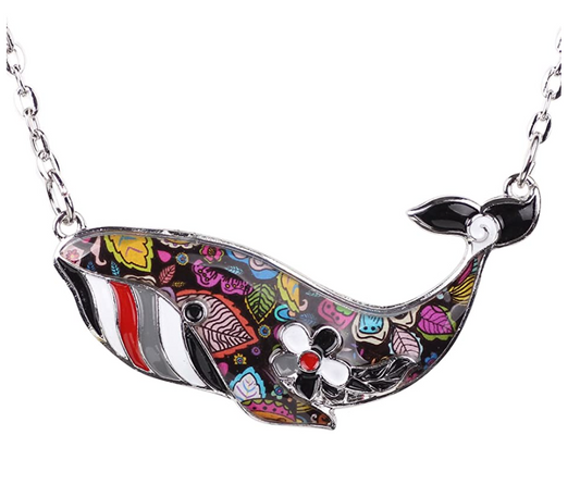 Cute Colorful Whale Necklace Flower Pendant Whale Beach Ocean Tropical Jewelry Hawaiian Gift Chain 20in.