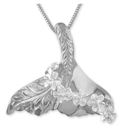 Whale Tail Lei Necklace Pendant Flower Whale Fin Beach Ocean Tropical Jewelry Hawaiian Gift 925 Sterling Silver 20in.