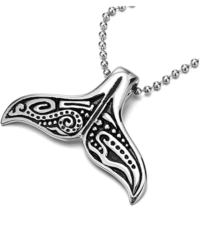 Vintage Whale Dolphin Tail Necklace Tribal Pendant Whale Fin Beach Ocean Tropical Jewelry Hawaiian Gift Stainless Steel Chain 24in.