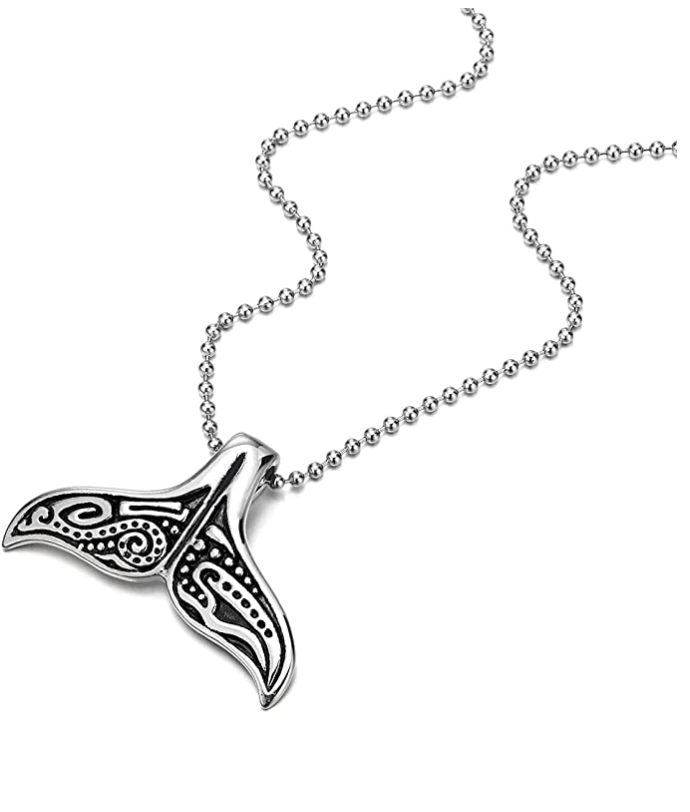 Vintage Whale Dolphin Tail Necklace Tribal Pendant Whale Fin Beach Ocean Tropical Jewelry Hawaiian Gift Stainless Steel Chain 24in.