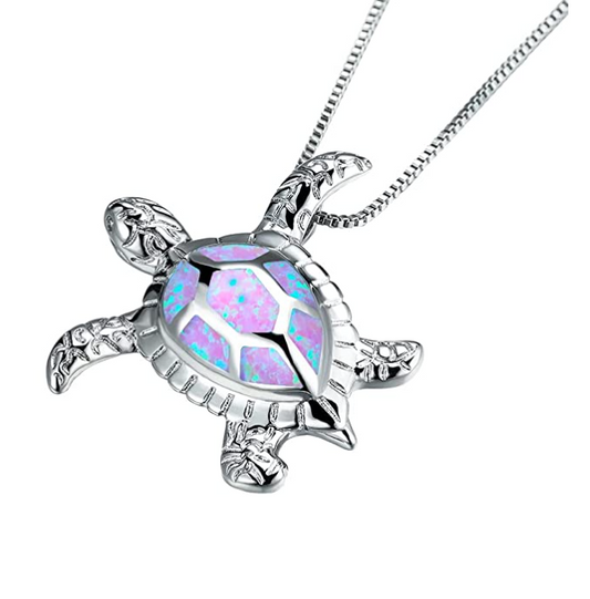 Purple Blue Opal Turtle Necklace Pendant Beach Ocean Tropical Turtle Jewelry Hawaiian Chain Gift 925 Sterling Silver 20in.