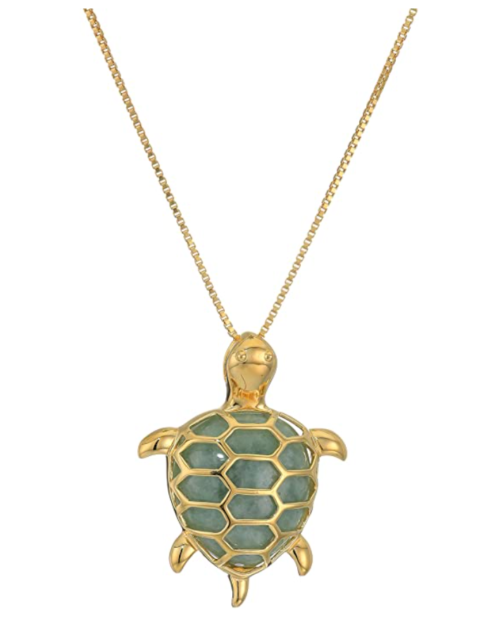 Genuine Green Jade Turtle Necklace Pendant Beach Ocean Tropical Turtle Jewelry Hawaiian Chain Gift 925 Sterling Silver 20in.