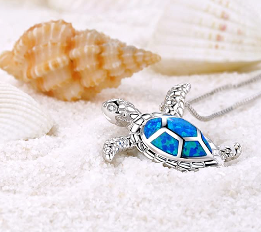 Blue Opal Sea Turtle Necklace Pendant Beach Ocean Tropical Green Turtle Jewelry Hawaiian Birthstone Chain Gift 925 Sterling Silver 20in.
