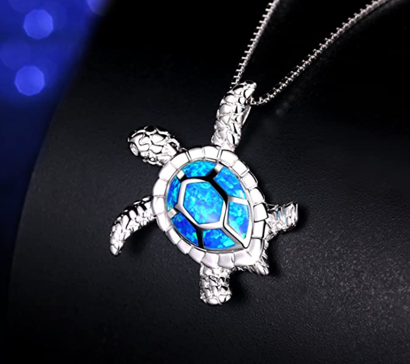 Blue Opal Sea Turtle Necklace Pendant Beach Ocean Tropical Turtle Jewelry Hawaiian Birthstone Chain Gift 925 Sterling Silver 20in.