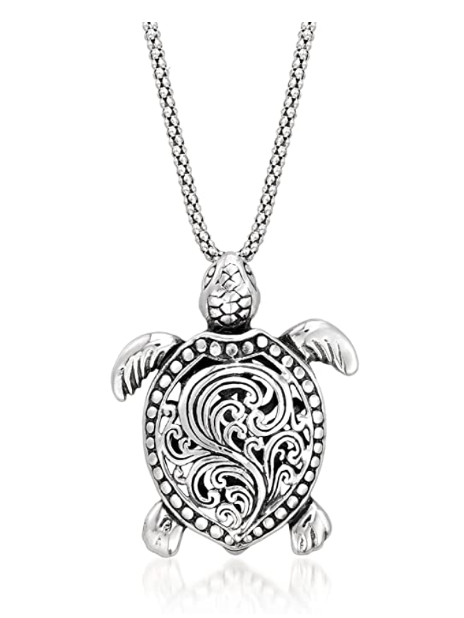 Bali Style Turtle Necklace Pendant Beach Ocean Tropical Sea Turtle Jewelry Hawaiian Chain Gift 925 Sterling Silver 20in.