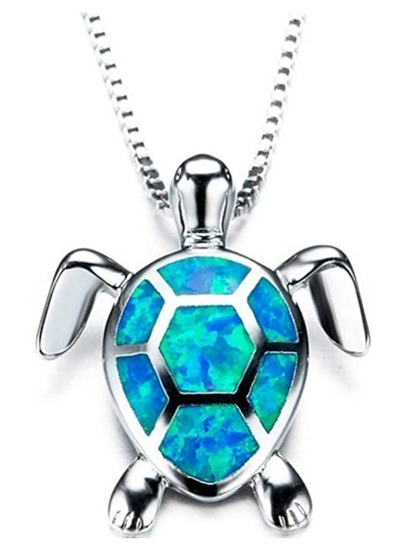 Blue Green Pink Opal Turtle Necklace Pendant Beach Ocean Tropical Dainty Sea Turtle Jewelry Hawaiian Birthstone Chain Gift 925 Sterling Silver 20in.