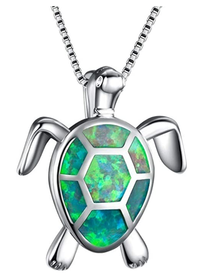Blue Green Pink Opal Turtle Necklace Pendant Beach Ocean Tropical Dainty Sea Turtle Jewelry Hawaiian Birthstone Chain Gift 925 Sterling Silver 20in.