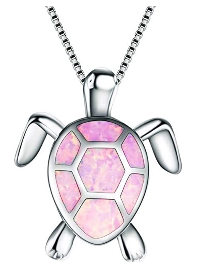 Blue Green Pink Opal Turtle Necklace Pendant Beach Ocean Tropical Dainty Sea Turtle Jewelry Hawaiian Birthstone Chain Gift 925 Sterling Silver 20in.