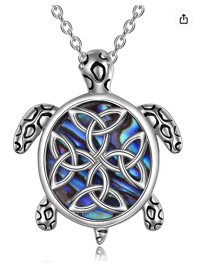 Blue Abalone Sea Turtle Necklace Pendant Beach Ocean Tropical Trinity Celtic Turtle Jewelry Hawaiian Birthstone Chain Gift 925 Sterling Silver 20in.
