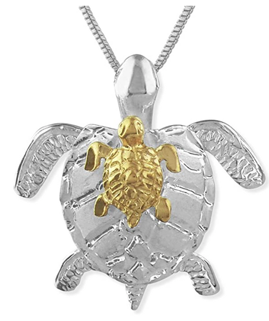 Sea Turtle Family Necklace Mother Child Pendant Beach Ocean Tropical Turtle Jewelry Hawaiian Chain Gift 925 Sterling Silver Rose Gold 20in.