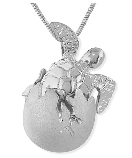 Turtle Hatchling Egg Necklace Pendant Beach Ocean Tropical Turtle Jewelry Hawaiian Chain Gift 925 Sterling Silver 20in.