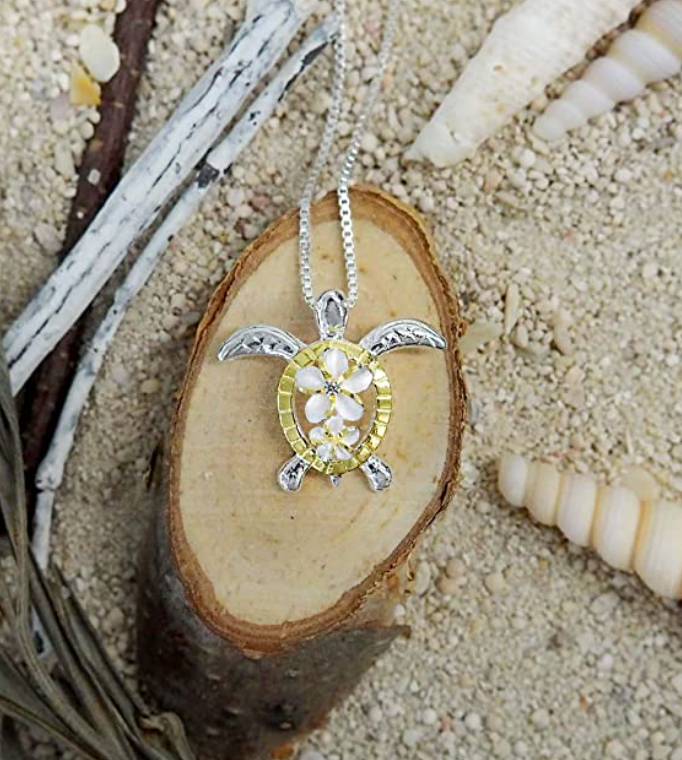 Plumeria Flower Lei Turtle Necklace Pendant Beach Ocean Tropical Turtle Jewelry Hawaiian Chain Gift 925 Sterling Silver 20in.