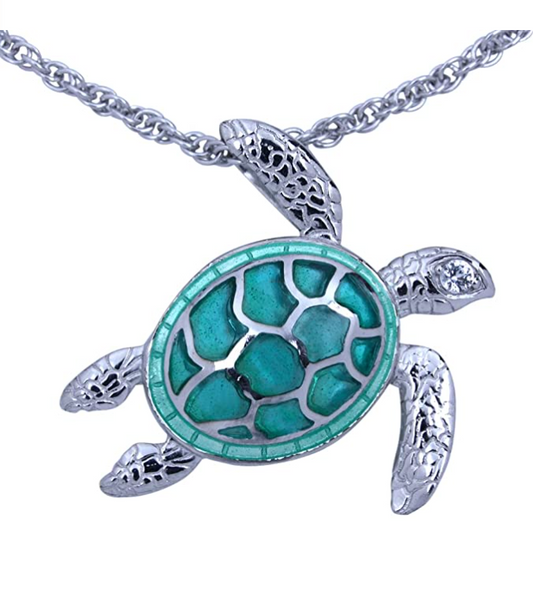 Green Vitreous Enamel Turtle Necklace Pendant Beach Ocean Tropical Turtle Jewelry Hawaiian Chain Gift 925 Sterling Silver 20in.
