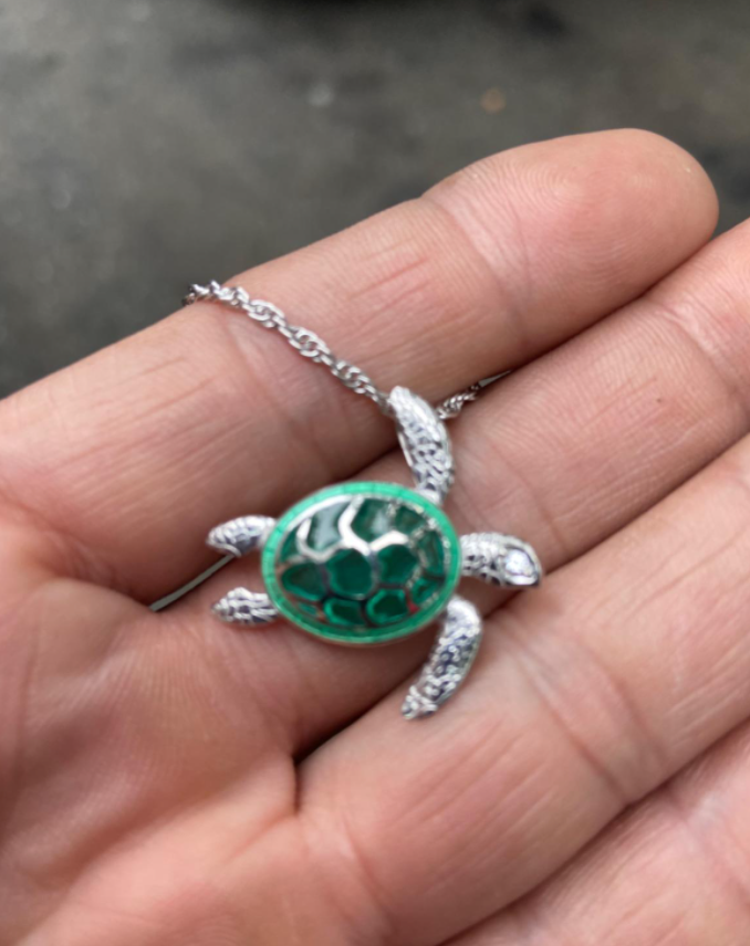 Green Vitreous Enamel Turtle Necklace Pendant Beach Ocean Tropical Turtle Jewelry Hawaiian Chain Gift 925 Sterling Silver 20in.