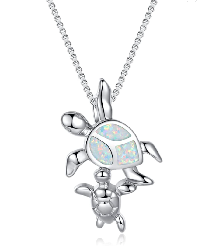Mother Child Turtle Necklace Opal Pendant Beach Ocean Tropical Sea Turtle Baby Family Jewelry Hawaiian Chain Gift 925 Sterling Silver 20in.