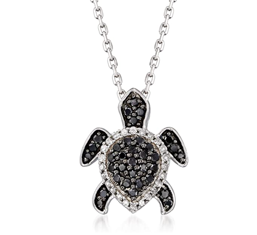 Black & White Diamond Turtle Necklace Pendant Beach Ocean Tropical Sea Turtle Jewelry Hawaiian Chain Gift 925 Sterling Silver 20in.