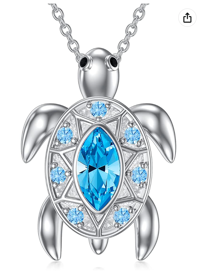 Blue Diamond Turtle Necklace Aquamarine Austrian Crystal Pendant Beach Ocean Tropical Sea Turtle Jewelry Hawaiian Chain Gift 925 Sterling Silver 20in.