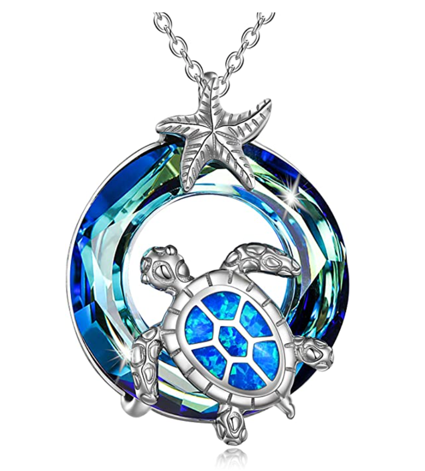 Purple & Blue Starfish Turtle Necklace Pendant Beach Ocean Tropical Star Fish Sea Turtle Jewelry Hawaiian Chain Gift 925 Sterling Silver 20in.