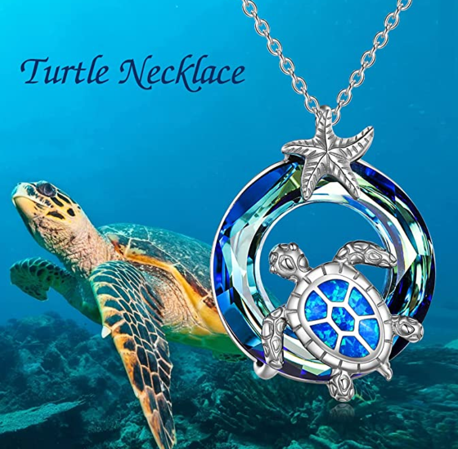 Purple & Blue Starfish Turtle Necklace Pendant Beach Ocean Tropical Star Fish Sea Turtle Jewelry Hawaiian Chain Gift 925 Sterling Silver 20in.
