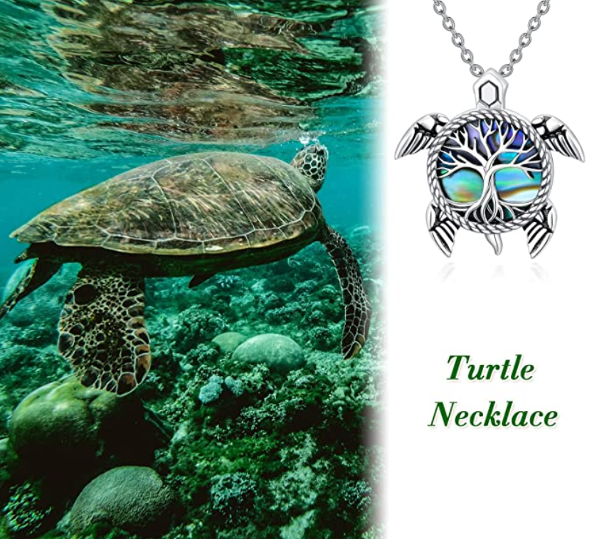 Tree of Life Turtle Necklace Pendant Beach Ocean Tropical World Flying Sea Turtle Jewelry Hawaiian Chain Gift 925 Sterling Silver 20in.