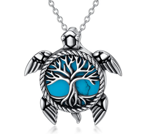 Tree of Life Turtle Necklace Pendant Beach Ocean Tropical World Flying Sea Turtle Jewelry Hawaiian Chain Gift 925 Sterling Silver 20in.
