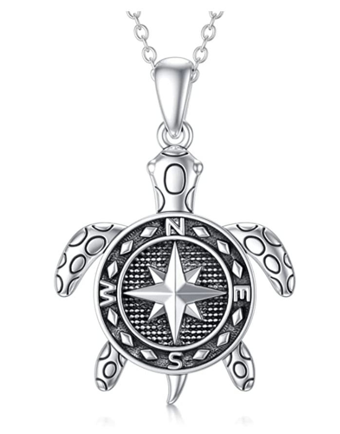 Turtle Compass Necklace Pendant Beach Ocean Tropical Sea Turtle Ocean Jewelry Hawaiian Chain Gift 925 Sterling Silver 20in.