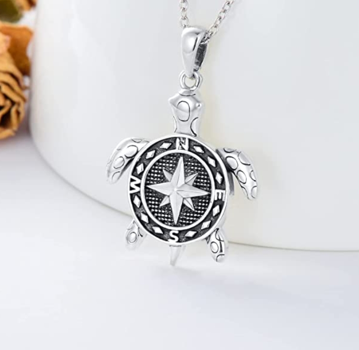 Turtle Compass Necklace Pendant Beach Ocean Tropical Sea Turtle Ocean Jewelry Hawaiian Chain Gift 925 Sterling Silver 20in.