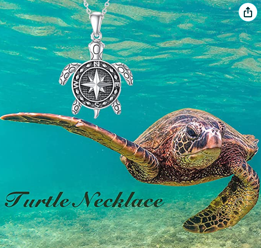 Turtle Compass Necklace Pendant Beach Ocean Tropical Sea Turtle Ocean Jewelry Hawaiian Chain Gift 925 Sterling Silver 20in.