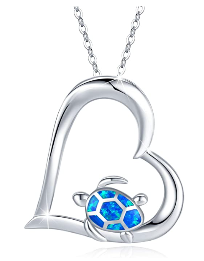 Turtle Heart Necklace Blue Opal Abalone Love Pendant Beach Ocean Tropical Sea Turtle Necklace Tortoise Pendant Jewelry Ocean Jewelry Hawaiian Chain Gift 925 Sterling Silver 20in..