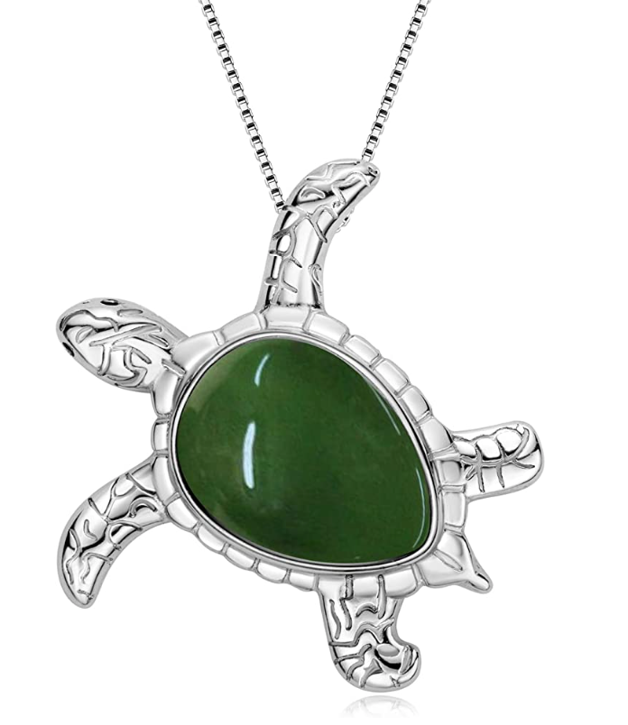 Green Jade Turtle Necklace Pendant Beach Ocean Tropical Sea Turtle Necklace Tortoise Jewelry Hawaiian Chain Gift 925 Sterling Silver 20in.