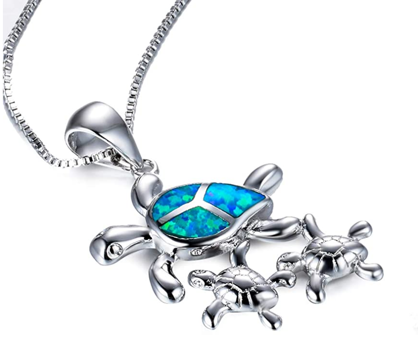Blue Opal Family Baby Turtle Necklace Pendant Beach Ocean Tropical Sea Turtle Necklace Tortoise Jewelry Hawaiian Chain Gift 925 Sterling Silver 20in.
