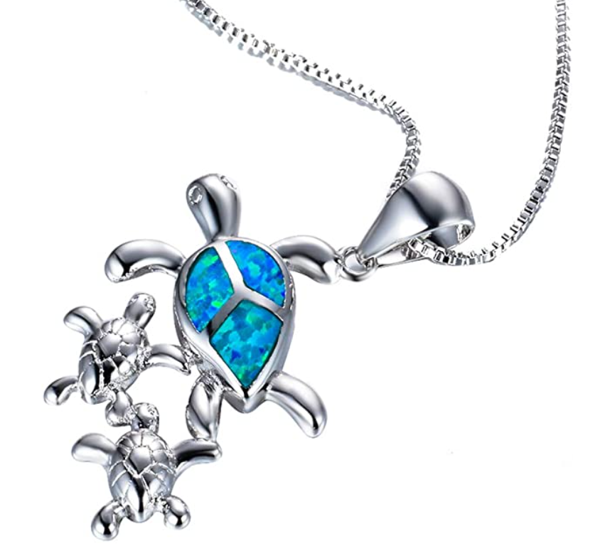 Blue Opal Family Baby Turtle Necklace Pendant Beach Ocean Tropical Sea Turtle Necklace Tortoise Jewelry Hawaiian Chain Gift 925 Sterling Silver 20in.