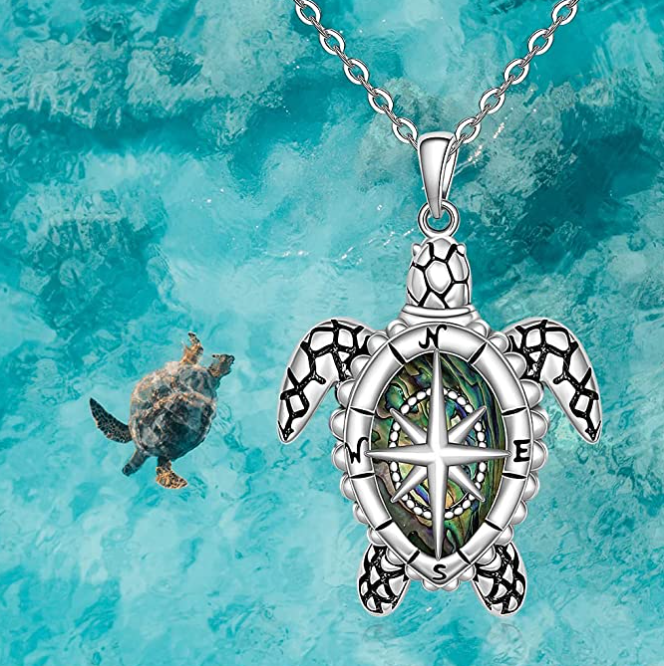 Turtle Compass Abalone Shell Necklace Pendant Beach Ocean Tropical Sea Turtle Necklace Tortoise Jewelry Hawaiian Gift 925 Sterling Silver Chain 20in.