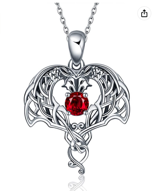 Red Diamond Ruby Dragon Pendant Necklace Dragon Love Fire Heart Jewelry Celtic Knot Gift 925 Sterling Silver Chain 20in.