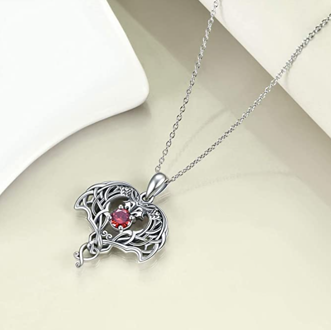Red Diamond Ruby Dragon Pendant Necklace Dragon Love Fire Heart Jewelry Celtic Knot Gift 925 Sterling Silver Chain 20in.