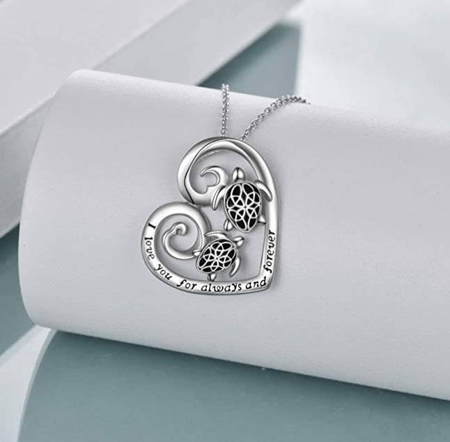 Tuttle Family Pendant Necklace Turtle Love Heart Jewelry Celtic Knot Gift 925 Sterling Silver Chain 20in.