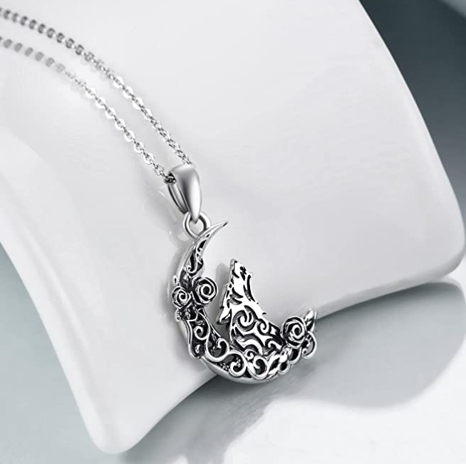 Wolf Moon Pendant Necklace Wolf Howling Jewelry Celtic Knot Gift 925 Sterling Silver Chain 20in.