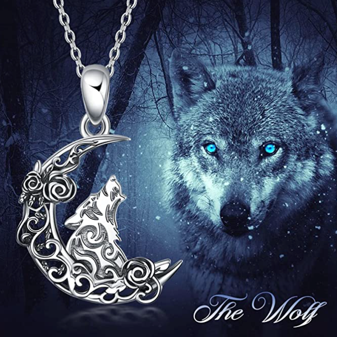 Wolf Moon Pendant Necklace Wolf Howling Jewelry Celtic Knot Gift 925 Sterling Silver Chain 20in.